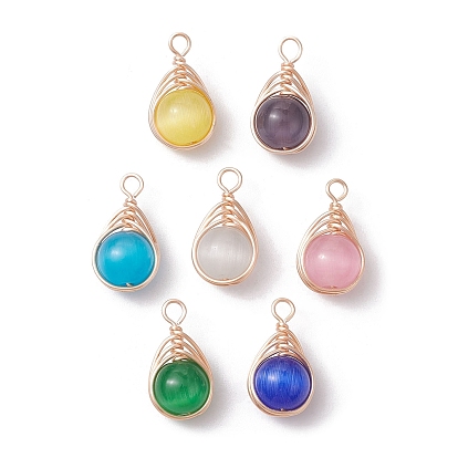 7Pcs 7 Color Cat Eye Pendants, with Golden Copper Wire Wrapped, Teardrop Charms