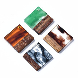 Transparent Resin & Walnut Wood Pendants, Two Tone, Rhombus