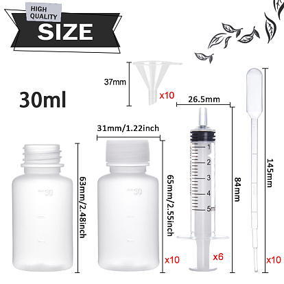BENECREAT 30ml Plastic Squeeze Sample Bottle Liquid Reagent Bottle with Screw Cap, Syringe, Funnel, Pipettes, Label for Liquid Laboratory