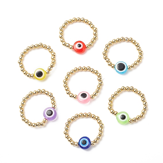 7 piezas 7 mal de ojo de resina de color y 304 anillos de dedo elásticos con cuentas de acero inoxidable, anillos ajustables apilables para mujer