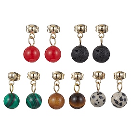 Natural & Synthetic Mixed Gemstone Round Ball Dangle Stud Earrings, Golden 304 Stainless Steel Drop Earrings