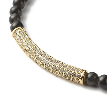 Bracelet extensible en perles rondes d'obsidienne naturelle de puissance énergétique pour hommes femmes, bracelet en perles de zircone cubique micro pavé en laiton à tube incurvé