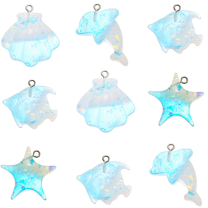10Pcs Gradient Color Ocean Theme Transparent Resin Pendants, Sea Animal Charm with Paillette and Platinum Tone Iron Loops, Shell/Dolphin/Starfish/Fish Shape, Cyan