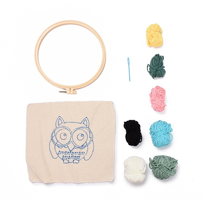 Owl Punch Embroidery Supplies Kit, including Instruction, Solid Wood Embroidered Frame, Plastic Needle, Fabric and 7 Colors Threads