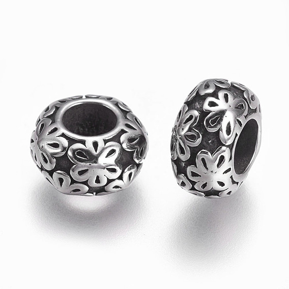 304 Stainless Steel European Beads, Large Hole Beads, Rondelle with Flower