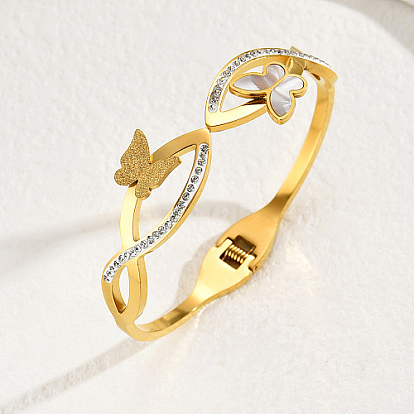 Coquille naturelle papillon avec bracelets manchette en zircone cubique, bracelet à charnière en acier inoxydable