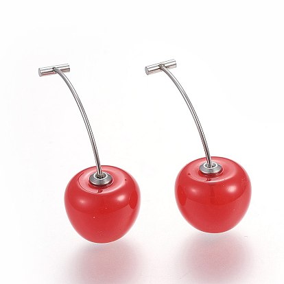 304 Stainless Steel Ear Studs, with Resin, Cherry