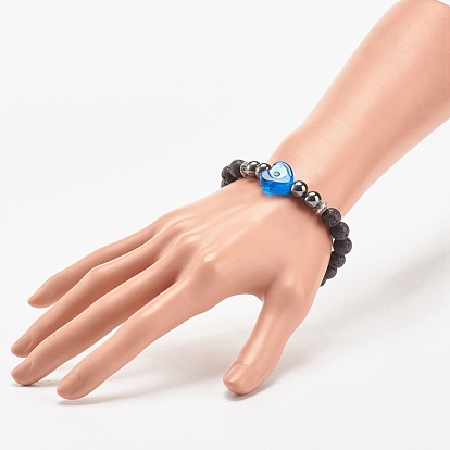 Natural Lava Rock & Synthetic Hematite Stretch Bracelet, Lampwork Heart with Evil Eye Beads Bracelet for Women