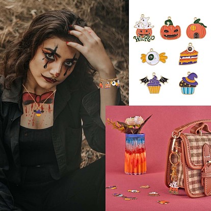 28Pcs 7 Style Halloween Alloy Enamel Pendants, Ghost Pumpkin & Pumpkin House & Candy with Eye