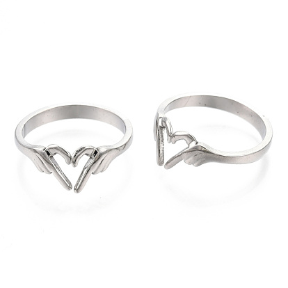 304 Stainless Steel Hand Heart Cuff Rings, Open Rings for Women Girls