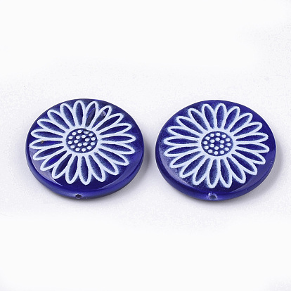 Spray Paint Freshwater Shell Beads, Printed, Flat Round with Daisy Flower