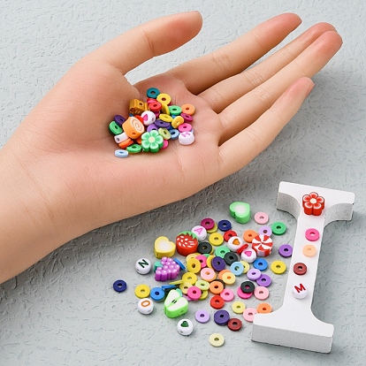Bracelet heishi preppy sur le thème de la nourriture avec kit de fabrication de lettres, y compris un disque en pâte polymère et des perles de fruits et de nourriture et de cœur, Perles acryliques, pince à épiler