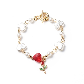 Alloy Enamel Rose of Life Charm Bracelet, Butterfly & Heart Plastic & Glass Pearl Beaded Bracelet for Valentine's Day