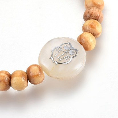 Wood Beads Kids Stretch Bracelets, with Freshwater Shell Beads