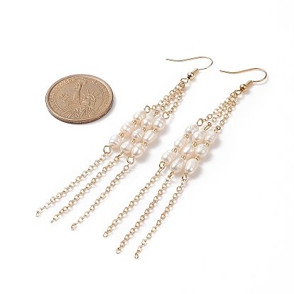 Aretes colgantes con borlas y perlas naturales, Pendientes colgantes de cadena larga de latón para mujer.