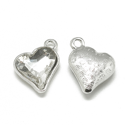 Alloy Glass Pendants, Faceted, Heart, Platinum