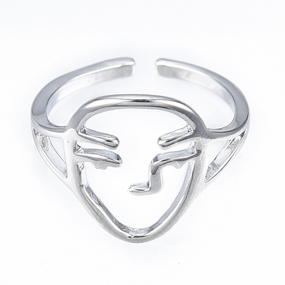 Anillo de puño abierto de latón con cara abstracta, anillo grueso hueco para mujer, sin níquel