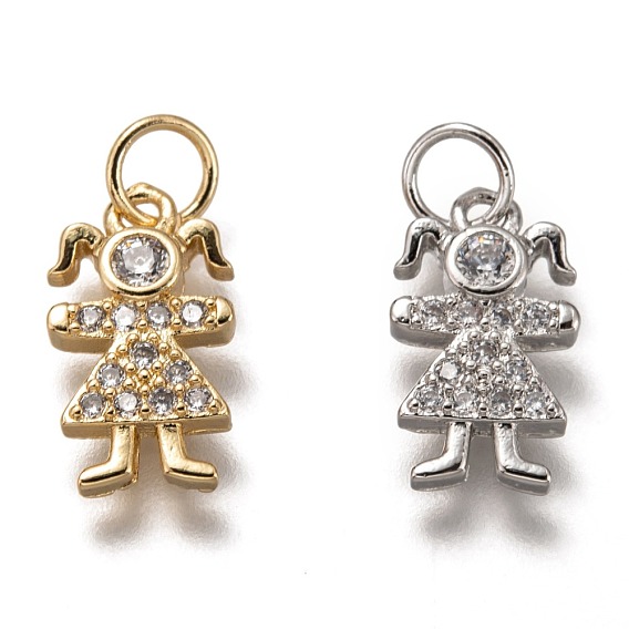 Brass Micro Pave Clear Cubic Zirconia Charms, Cadmium Free & Lead Free, Long-Lasting Plated, Girl