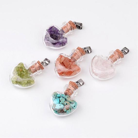 Coeur bouteille en verre avec des pierres précieuses à l'intérieur de pendentifs, avec 304 accessoires en acier inoxydable, 31x22x11mm, Trou: 7x4mm
