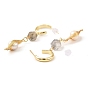 Brass Wire Wrap Half Hoop Earrings, Natural Pearl & Cloudy Quartz Beaded Long Dangle Stud Earrings for Women