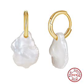 925 Sterling Silver Hoop Earrings, Natural Baroque Pearl Drop Earrings, with S925 Stamp