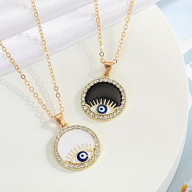 Chic Black and White Eyelash Eye Diamond Necklace with Geometric Pendant