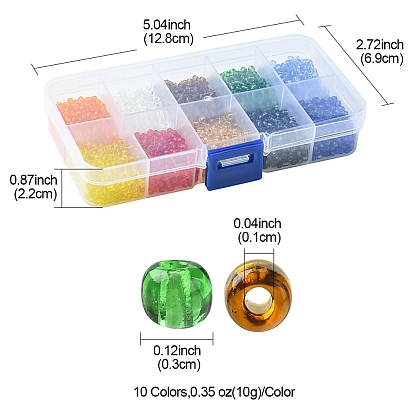 100g 10 couleurs 8/0 perles de rocaille en verre, transparent , ronde