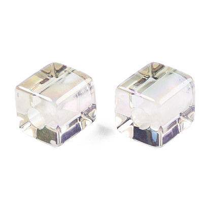 Transparent Resin European Beads, Pearl Luster Plated, Large Hole Beads, Cube