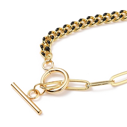 Chain Necklaces, with Brass Enamel Curb Chains & Paperclip Chains, 304 Stainless Steel Toggle Clasps, Real 18K Gold Plated