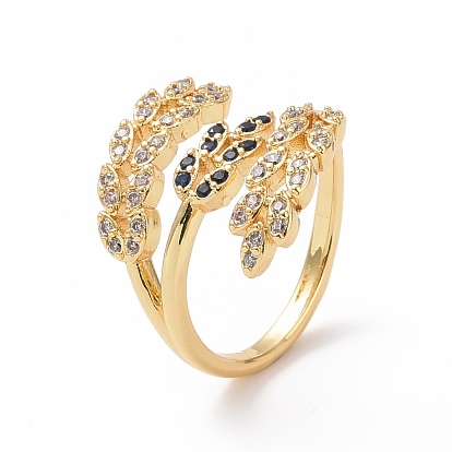 Anillo de puño abierto con hoja de circonita cúbica, anillo ancho de latón chapado en oro real 18k para mujer, sin plomo y cadmio