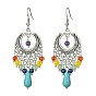 Boucles d'oreilles longues en perles de pierres mélangées naturelles, Boucles d'oreilles lustre en alliage de style tibétain avec épingles en laiton
