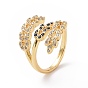 Cubic Zirconia Leaf Open Cuff Ring, Real 18K Gold Plated Brass Wide Ring for Women, Cadmium Free & Lead Free
