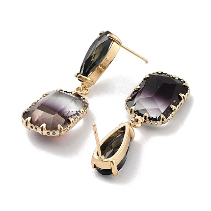 Glass Teardrop & Rectangle Dangle Stud Earrings, Brass Earrings