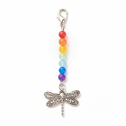 Chakra Theme Natural & Dyed Malaysia Jade Beaded Pendant Decorations, with Lobster Claw Clasps, Tibetan Style Alloy Pendants, Dragonfly