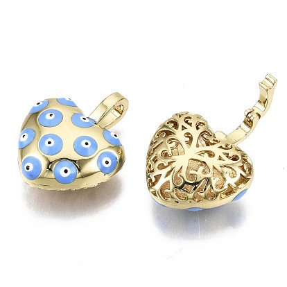 Brass Enamel Pendants, Nickel Free, with Fold Over Bails, Heart with Evil Eye & Floral Pattern, Real 16K Gold Plated