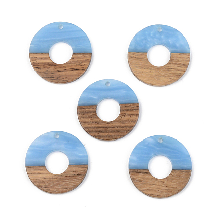Opaque Resin & Walnut Wood Pendants, Flat Round, Mixed Color