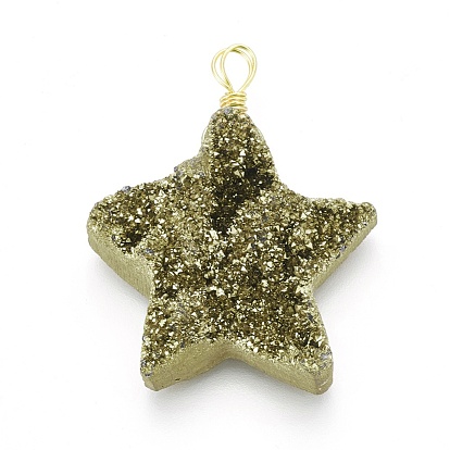 Electroplate Natural Druzy Quartz Pendants, with Brass Findings, Star, Golden