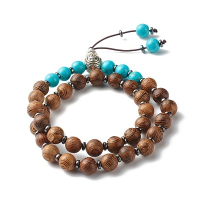 Energy Power Synthetic Turquoise(Dyed) & Non-Magnetic Synthetic Hematite Beads Warp Bracelet for Men Women, Gourd Two-Layer Bracelet with Wood Beads