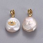 Natural Cultured Freshwater Pearl Pendants, with Brass Micro Pave Cubic Zirconia Findings, Nuggets with Evil Eye, Long-Lasting Plated, Golden