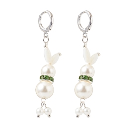Shell Pearl Rabbit Long Dangle Leverback Earrings, Brass Jewelry for Women