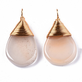 Natural Agate Pendants, Gold Copper Wire Wrapped Pendants, Teardrop