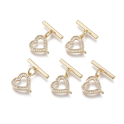 Brass Micro Pave Clear Cubic Zirconia Toggle Clasps, with Jump Rings, Nickel Free, Heart