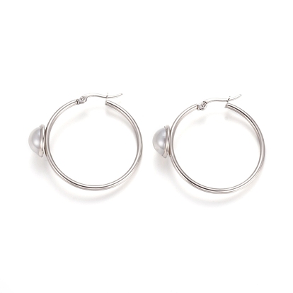 304 boucles d'oreilles en acier inoxydable, avec de l'acrylique perle d'imitation, anneau