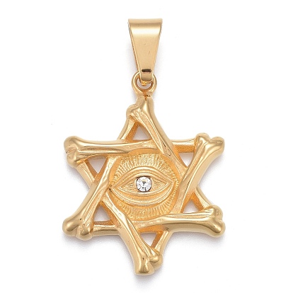 304 Stainless Steel Pendants, with Crystal Rhinestone, Star of David with Evil Eye