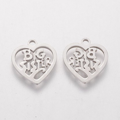201 Stainless Steel Charms, Heart with Phrase Big Sister