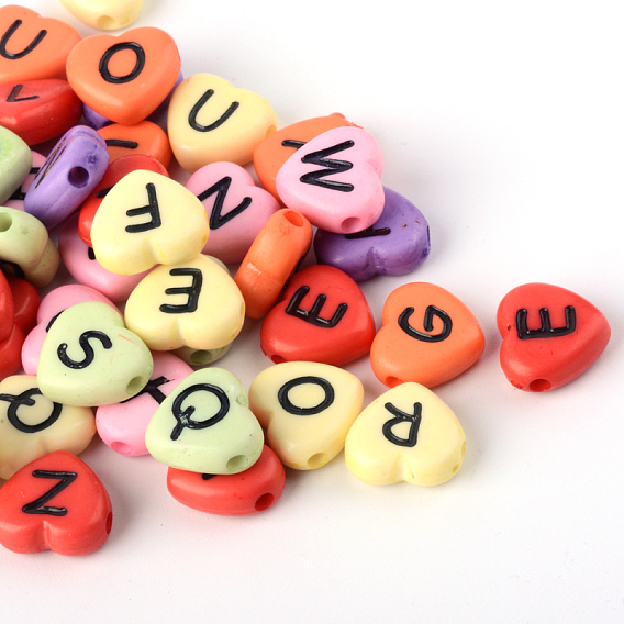 Horizontal Hole Opaque Acrylic Beads, Heart with Random Letters, 10.5x11.5x4.5mm, Hole: 2mm, about 1200pcs/500g