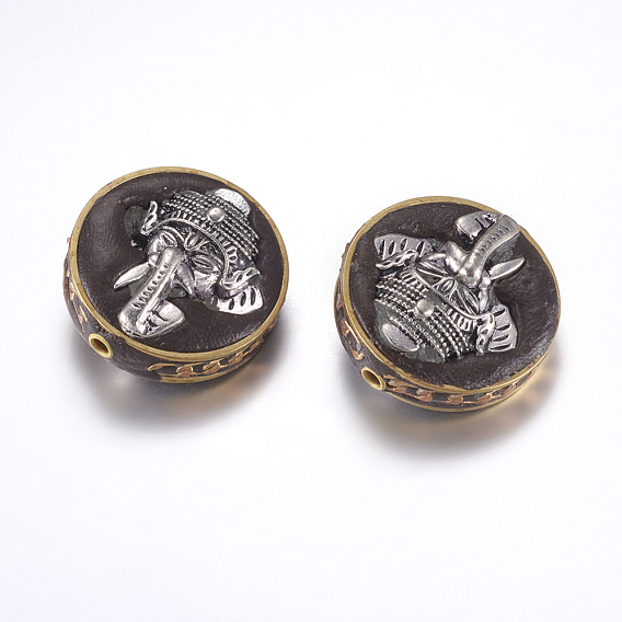 Handmade Indonesia Beads, with Brass Findings, Nickel Free, Flat Round with Elephant, Black