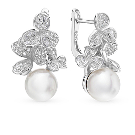 Clover Shape Rhodium Plated 925 Sterling Silver Cubic Zirconia Hoop Earrings, with Imitation Pearl