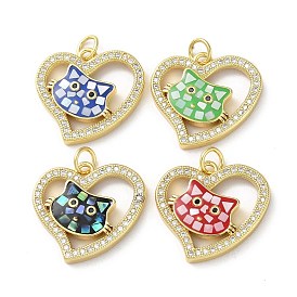 Valentine's Day Brass Micro Pave Clear Cubic Zirconia Pendants, with Enamel, Shell and Jump Ring, Real 18K Gold Plated, Heart with Cat