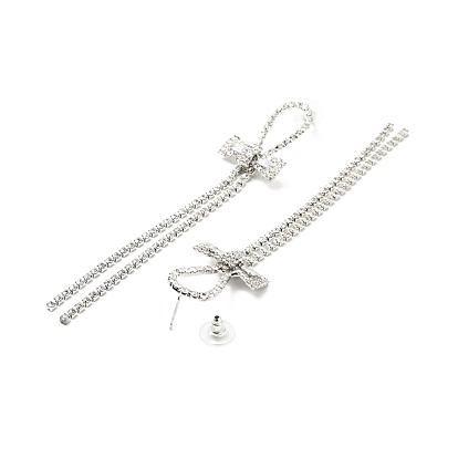 Crystal Rhinestone & Clear Cubic Zirconia Stud Earrings, Brass Long Tassel Drop Earrings with 925 Sterling Silver Pin for Women, Platinum